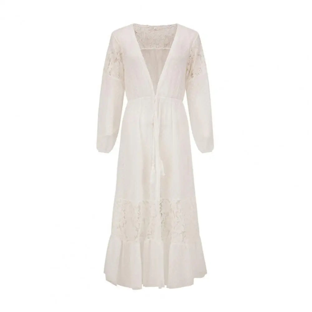 Summer Bikini Cover Up See-through Lace Thin Cardigan Long Sleeves Tassel Sunscreen Lace Up Maxi Dress Summer Beach Dress