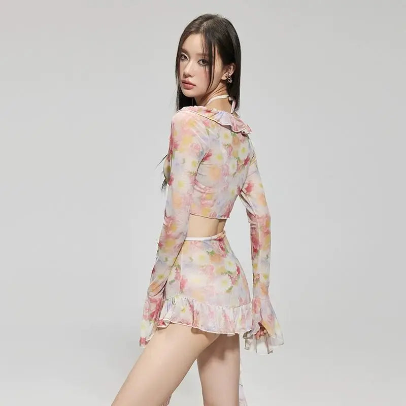 Bikinis Set Swimsuit Women Sweet Floral Prints Summer Girlish Sexy Ruffles Korean Style High Waist Swimwear Fashion Beach Wear