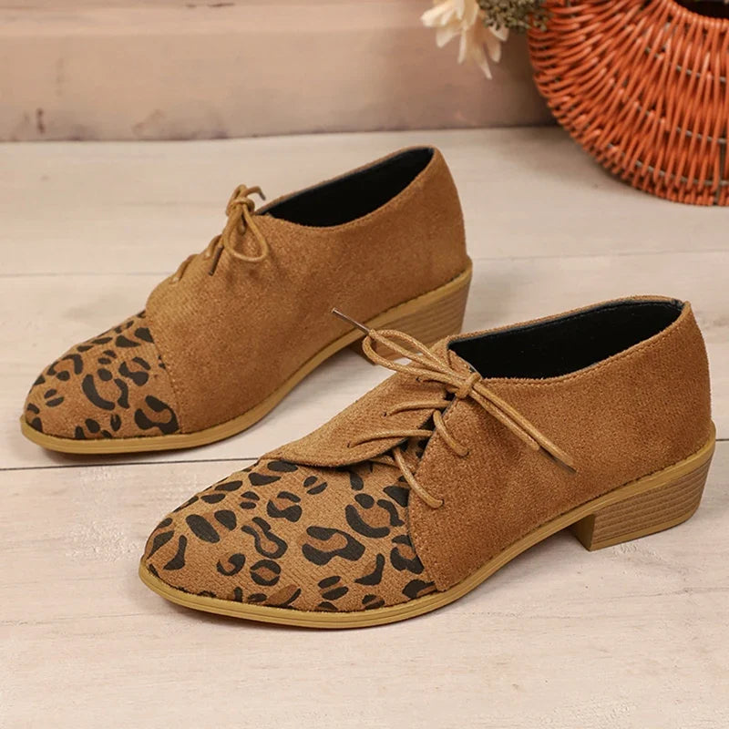 Large Size Leopard Print Single Shoes Women 2026 New Pointed Toe Lace Up Low Heel Shoes Woman Retro Faux Suede Pumps Ladies