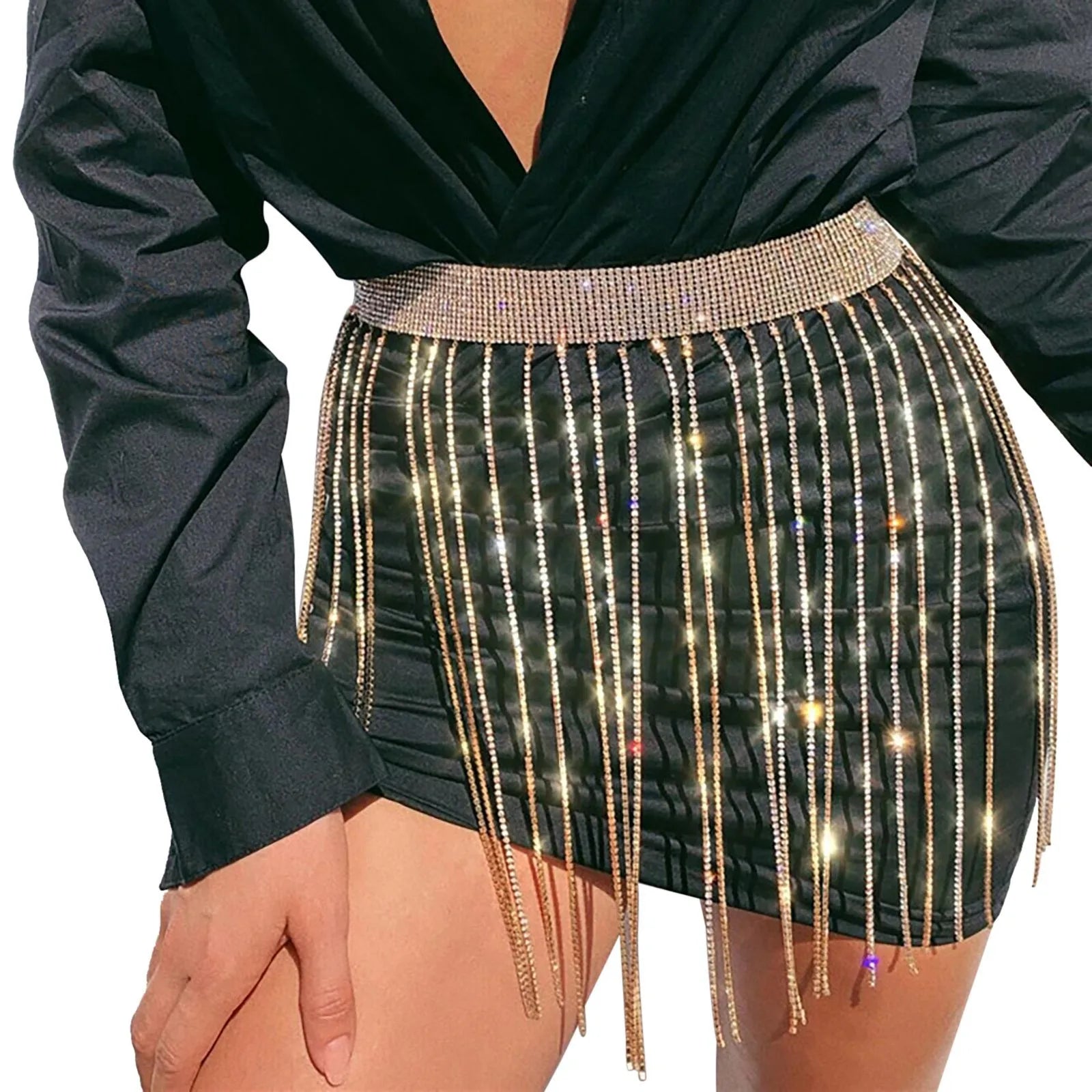 Fringe Bright Rhinestone Chain Skirt Women's High Waist Tassel Waist Chain Belt Stage Performance Carnival Party Night Clubwear