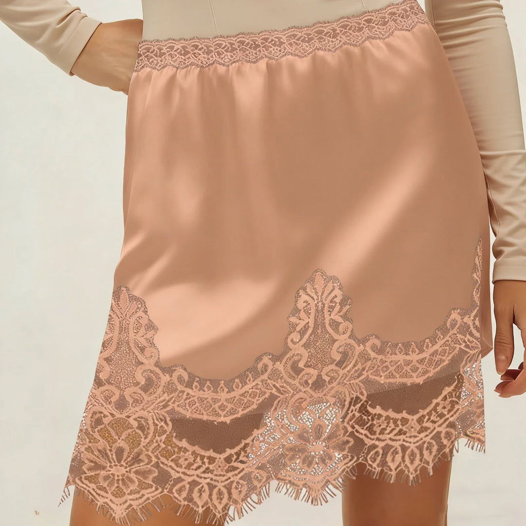 Women Lace Skirt Summer Elastic Waist Elegant Satin Long A-Line Skirts Mini Slim Fit Skirt Streetwear Midi Skirts Slim Skirt
