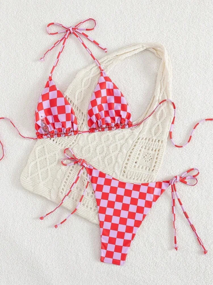 Sexy Pink Plaid Micro Bikini 2026 Women Halter Push Up Bra Tie Side Thong Swimsuit Brazilian Beach Bathing Suit Swimwear Biquini