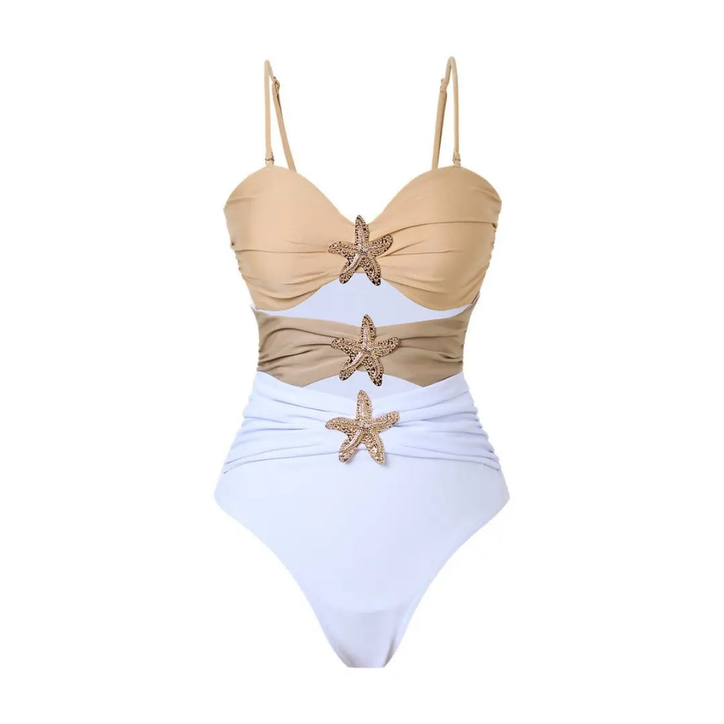 Vintage White Khaki Patchwork Swimwear Women 2026 Starfish Ornament Hollow Pleate One Piece Swimsuit Beach Bathing Suit Monokini