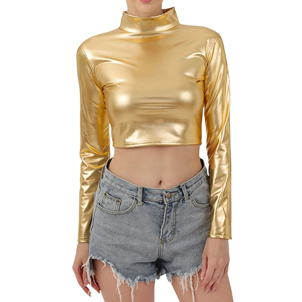 Women Metallic Long Sleeve Crop Tops Shiny Stretch Mock Neck T Shirt Dance Clubwear Ladies Slim Fit Blouses Gold Silver Costumes