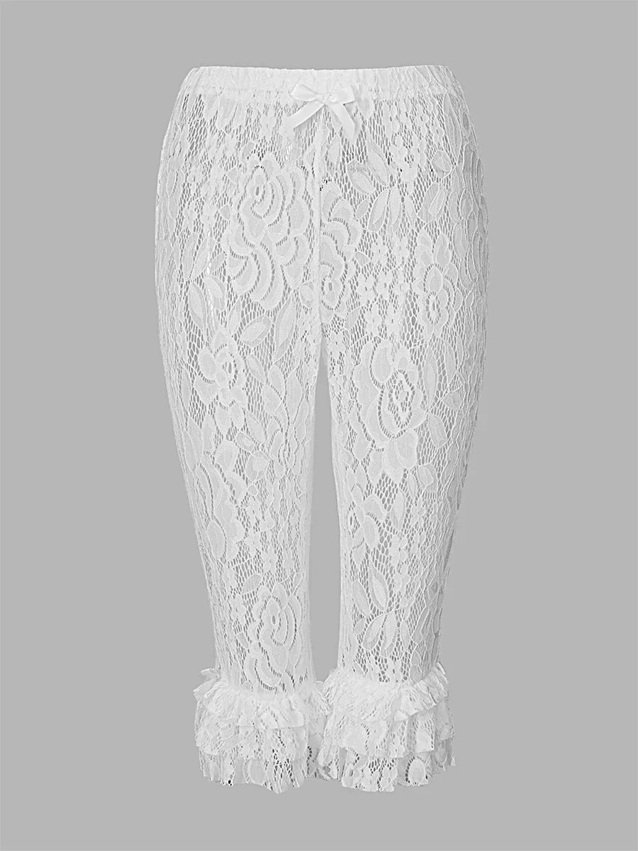 Women Summer Lace Ruffle Capri Leggings Solid Color Sheer Mesh Elastic High Waist See Through Pants