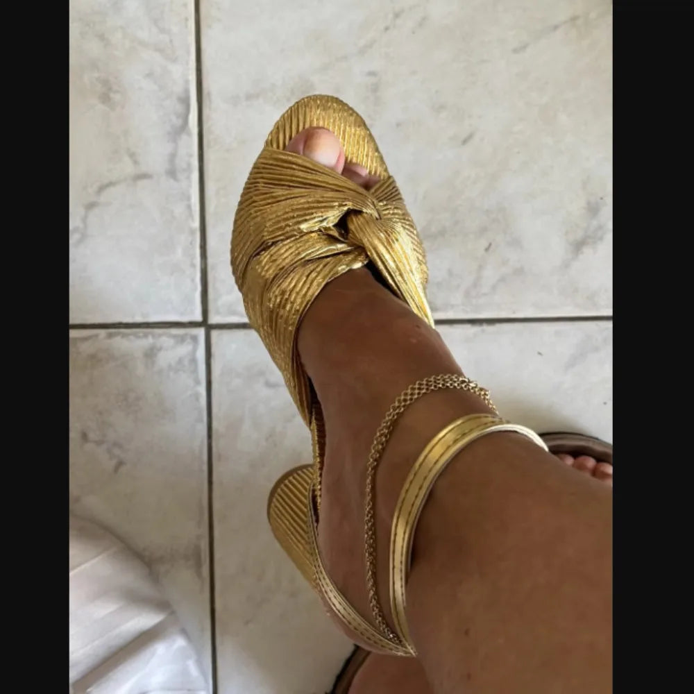 NASBAVI Straps Women's Sandals Summer Shoes Luxury Peep Toe Flip Flops Round High Heels Gold Party Dance Wedding Shoes Ladies
