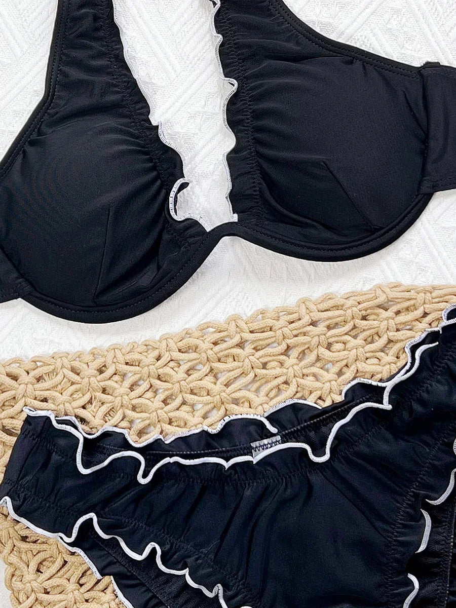 Ruffled Frilled Halter Underwired V-bar Bikini Women Swimsuit Female Swimwear Two-pieces Bikini Set Brazilian Bathing Suit Swim