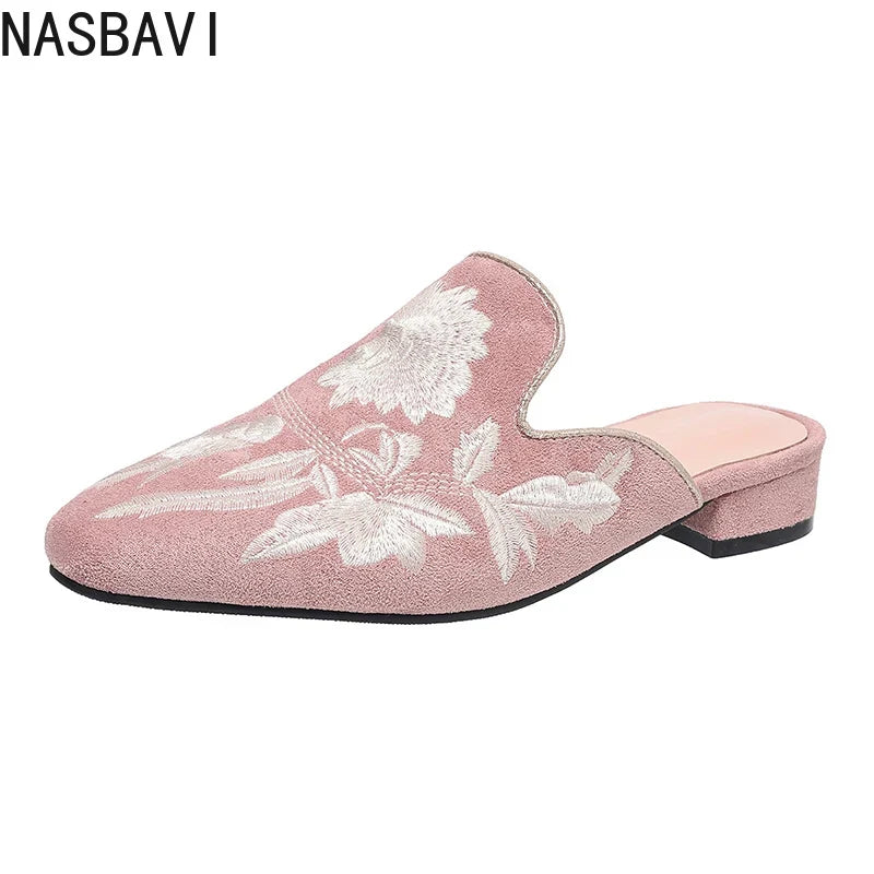 NASBAVI Fashion 3d Embroidery Mules Women Fur Slippers Velvet Shoes Ladies Low Heel Flower Decoration Sandals Women's Flip Flops