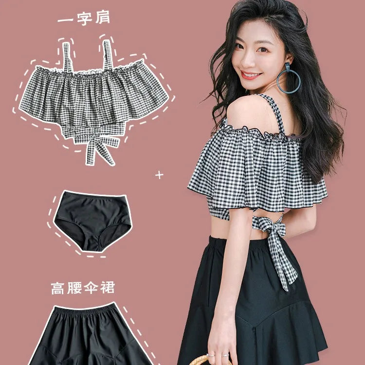 Swimsuit women's new Xia one shoulder camisole swimsuit ins conservative cover belly slimming split skirt swimsuit