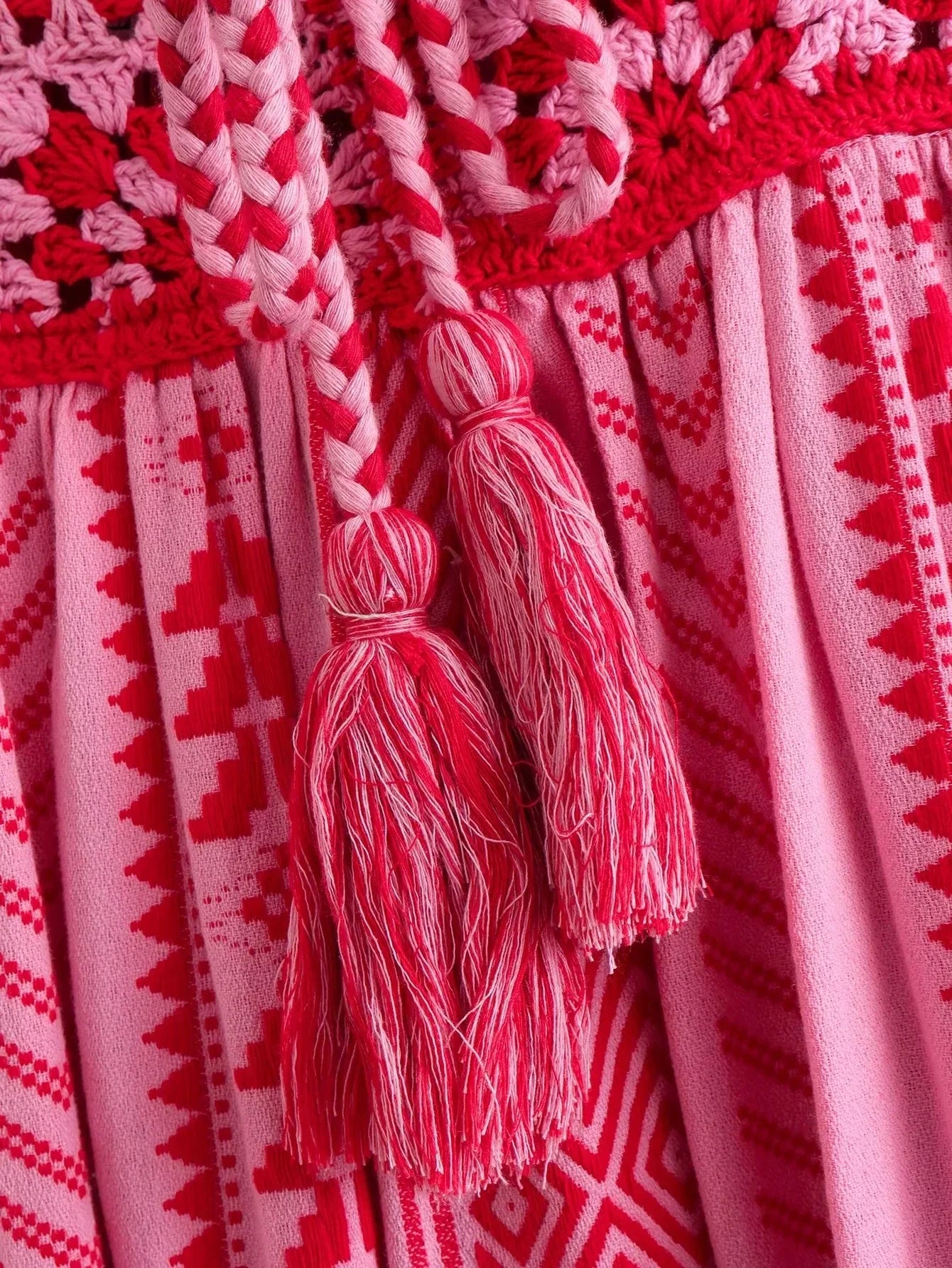 Foridol Crochet Bohemian Summer Dress for Women Spaghetti Strap Red Vintage Tassel Beach Dress Maxi Long Casual Sundress Autumn