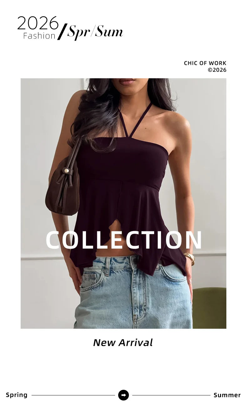 Phantasy Fashion Halter Crop top Fashion Brown Tank Top Women Sexy Split Camisole Lady Night Out Streetwear 2026 Summer Clothing