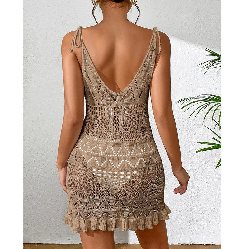 DEKA Style Knitting Multicolor Slip Dress Fashion Hollow Out Short Dress Women's Beach Holiday Bikini Cover Up Fishnet Crochet S