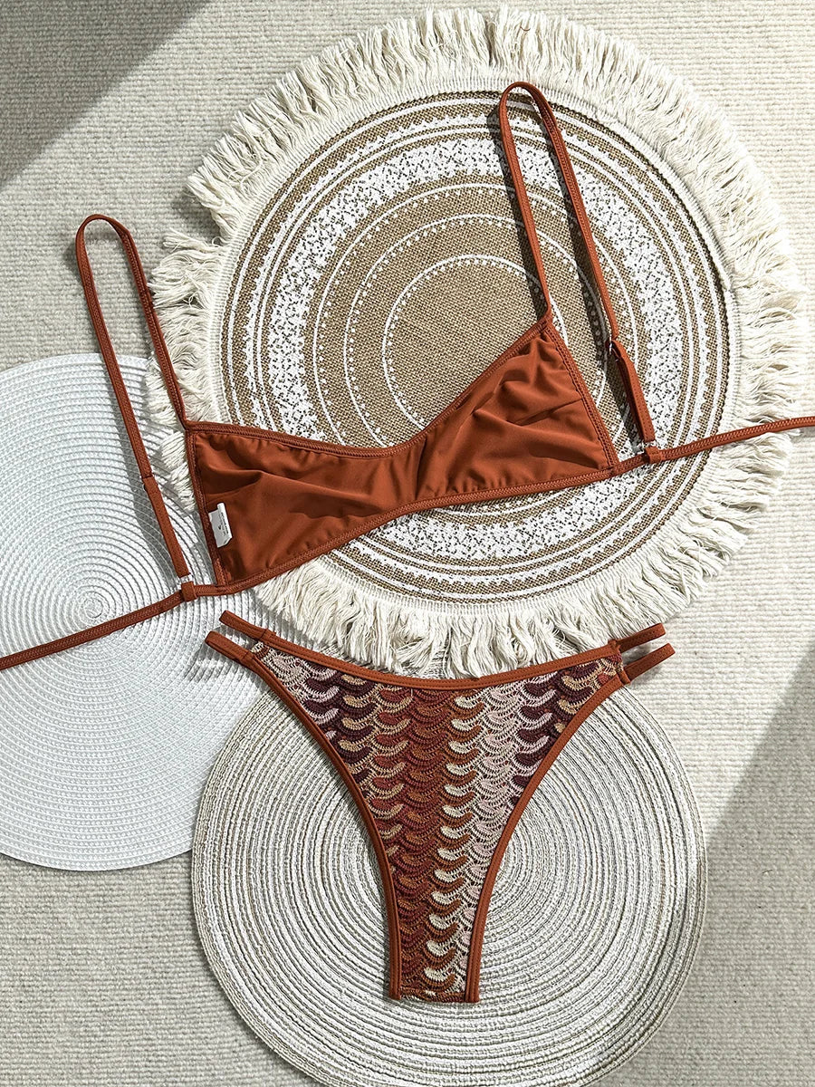 2026 Printed Crochet Bikini Women Swimsuit Female Swimwear Two-pieces Bikini Set High Leg Cut Bather Bathing Suit Swim Beachwear