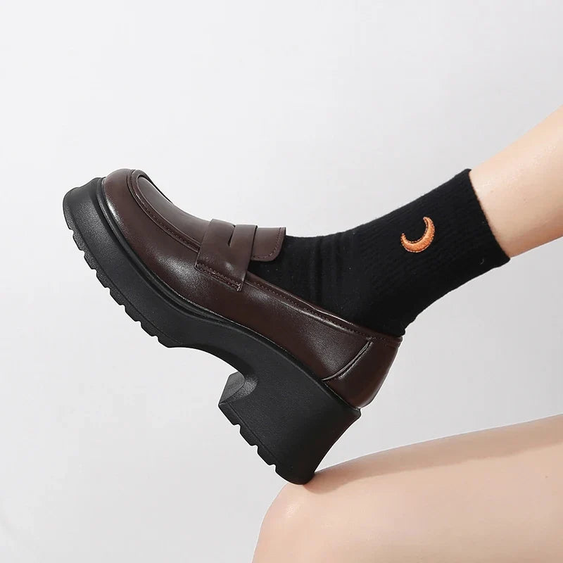 Brown Pu Leather Platform Loafers for Women British Style Round Toe Thick Heel Pumps Woman Slip On High Heels Office Shoes Lady