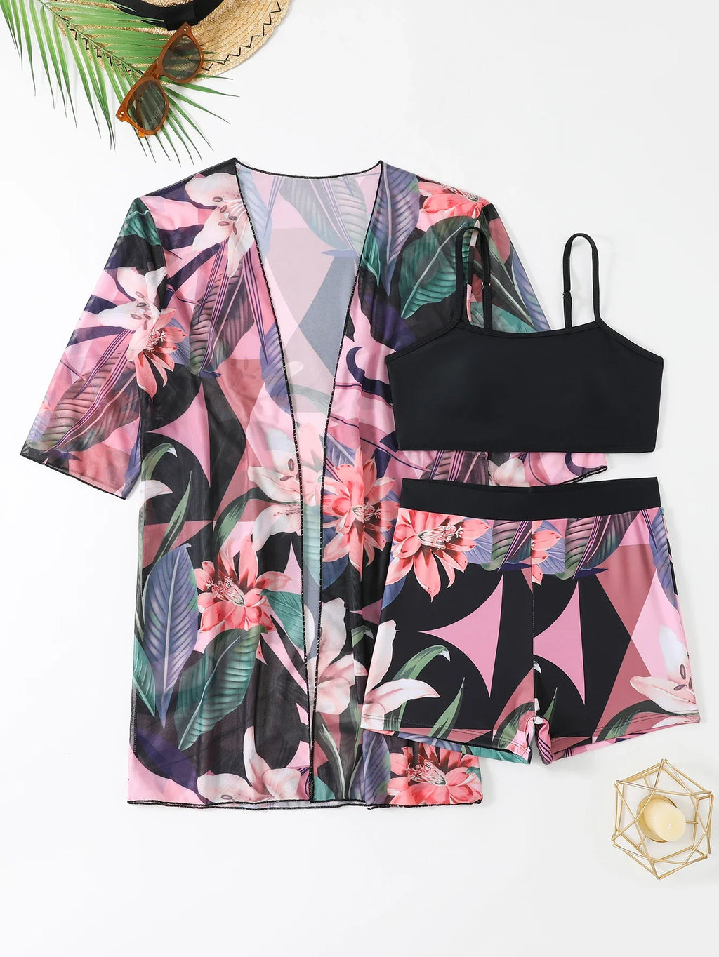 3 Pieces High Waist Bikinis 2026 Women Printed Swimwear Female Bandeau Swimsuit With Kimono Bathers Swimming Bathing Swim Suit