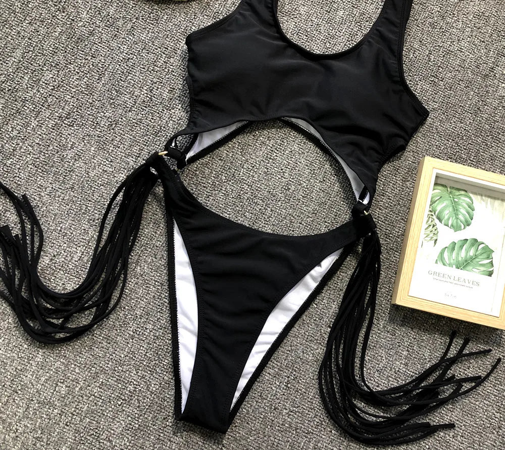 DEKA Long Tassel One Piece Swimwear Hollow Out Women Backless Swimming Suit Cut Out Halter Cross Swimsuit Female Beachwe Bathing