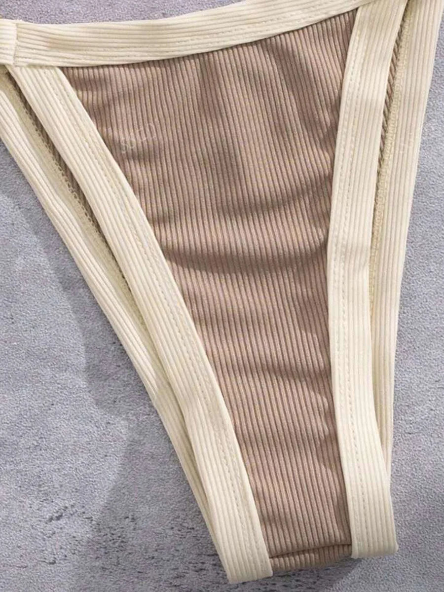 Splicing Ribbed High Cut Rings Bikini Women Swimsuit Female Swimwear Two-pieces Bikini Set Bather Bathing Suit Swim Beachwear