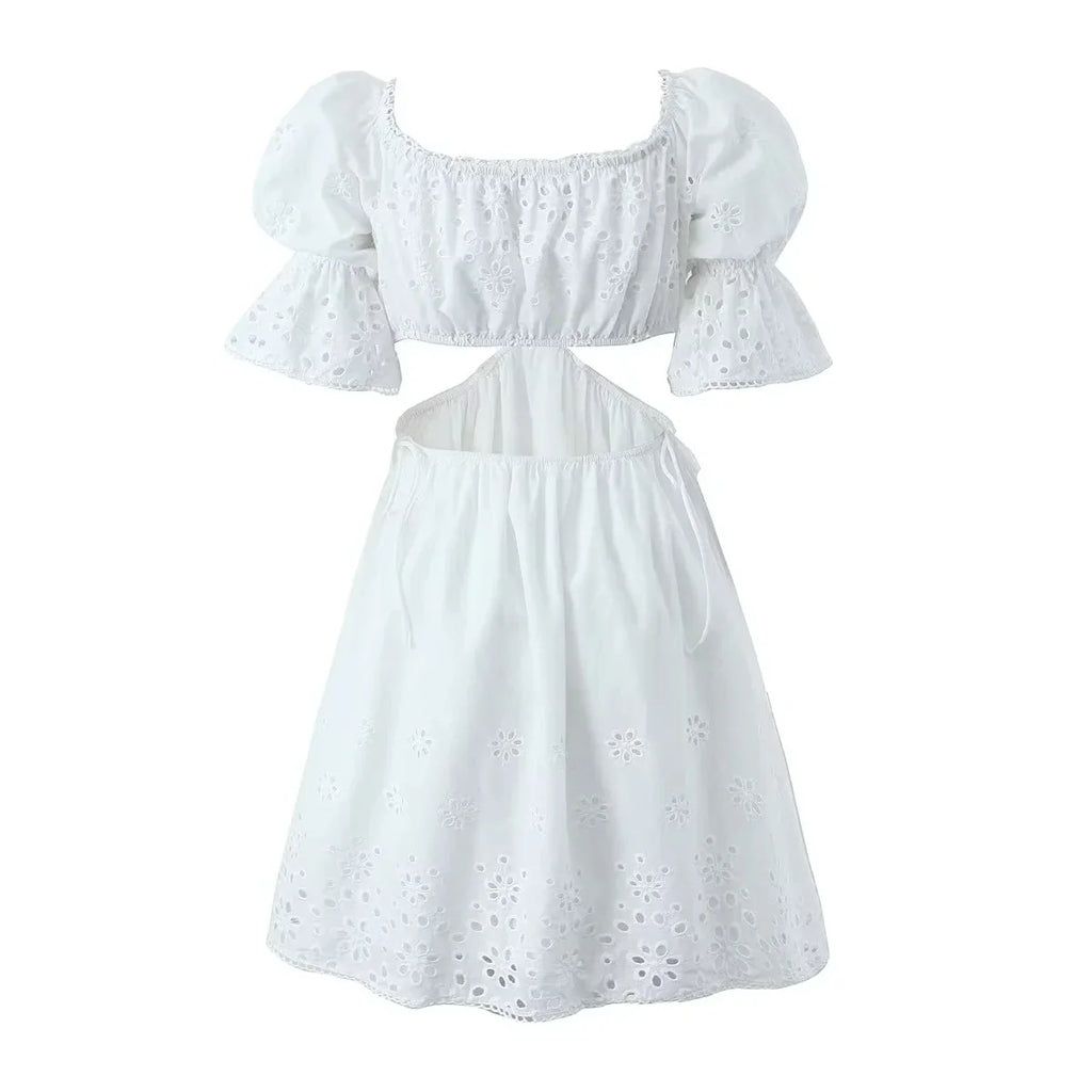 Foridol Lace Summer White Dress Women Puff Sleeve Embriodery Waist Cut Out Beach Short Sexy Cotton Dress Backless 2025 Sundress