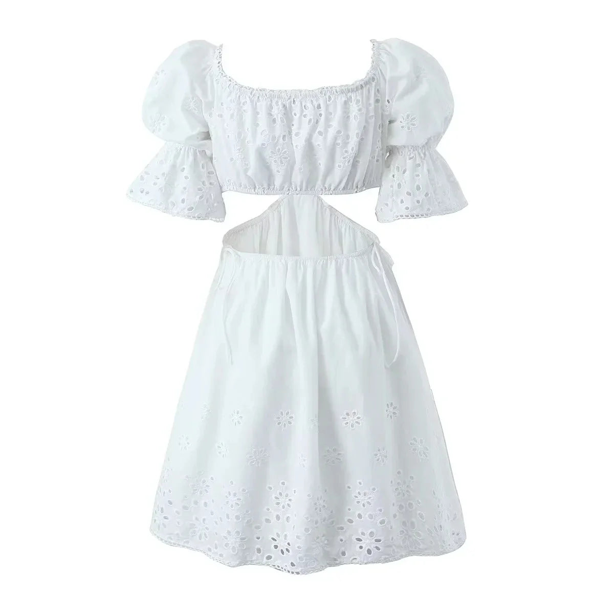 Foridol Lace Summer White Dress Women Puff Sleeve Embriodery Waist Cut Out Beach Short Sexy Cotton Dress Backless 2025 Sundress