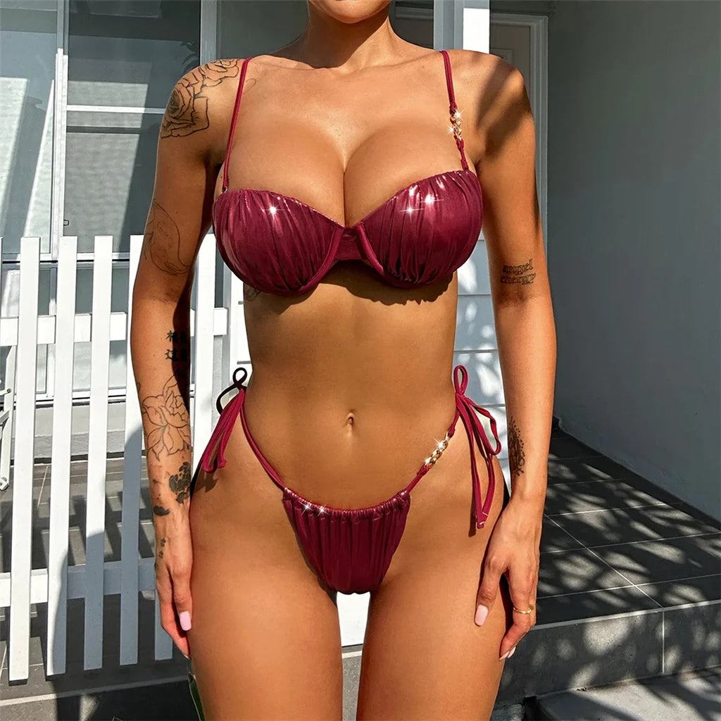 PU Faux Leather Underwired With Bra Cup Bikini Women Swimwear Female Swimsuit Two-Pieces Bikini Set Bather Bathing Suit V5221