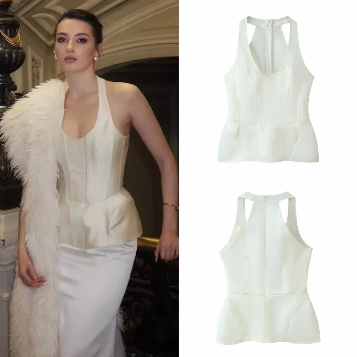 Women's Fashion Casual Halter Neck Slim-Fit Cream White Halter Neck Corset Top With Hem Sleeveless Waist Blouse For Women TTLD