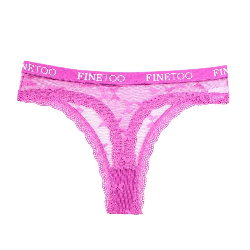 FINETOO Women Sexy Lace Low-Rise Thongs Letter Waist Transparent G-String Ladies Seamless Lingerie Hollow Out Perspective T-Back