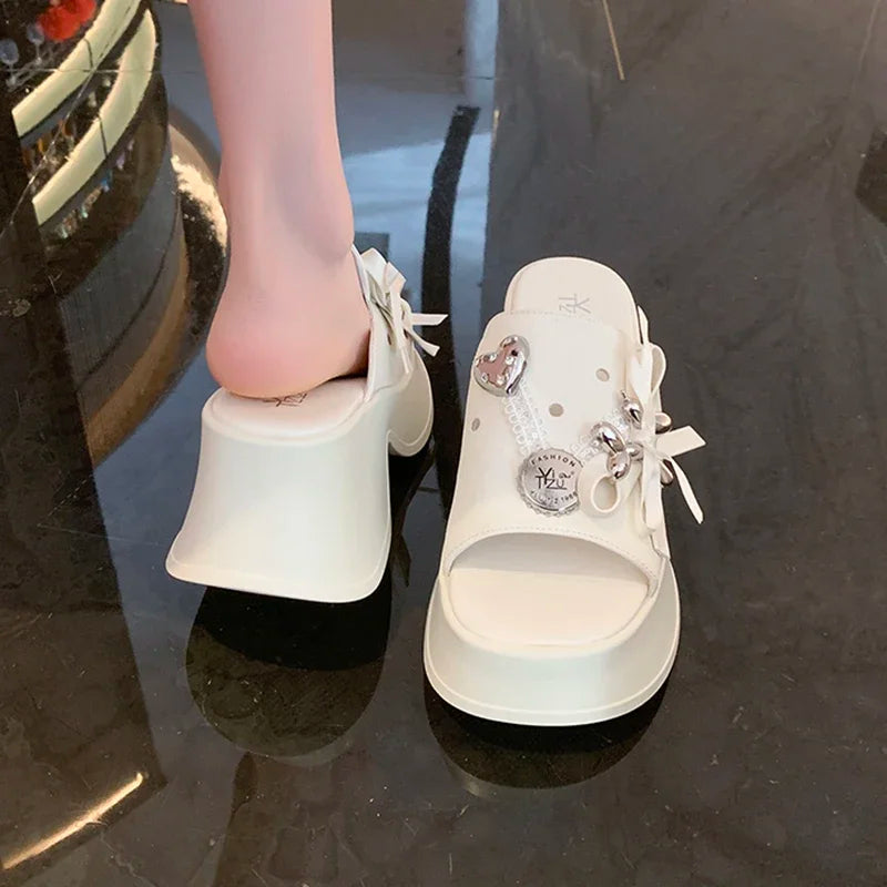 Metal Decor Chunky Platform Sandals Women 2026 Summer Open Toe High Heels Clogs Slippers Woman Bowknot Wedge Heel Sandles Female