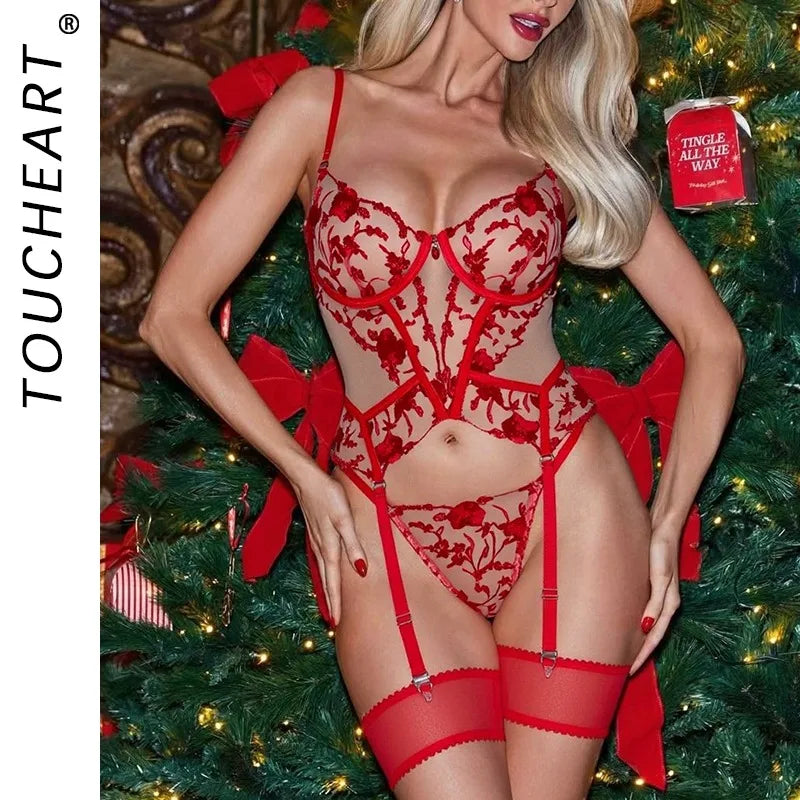 Toucheart Christmas Erotic Lingerie Seductive Embroidery Mesh Women See-through Body Shaping Sexy Pure Desire Hot Underwear Set