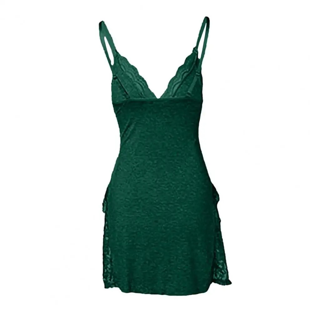 Women Summer Nightdress Backless Deep V Neck Spaghetti Strap Sleeveless Sleepwear Lace Trim Split Hem Nightie Night Slip Dress