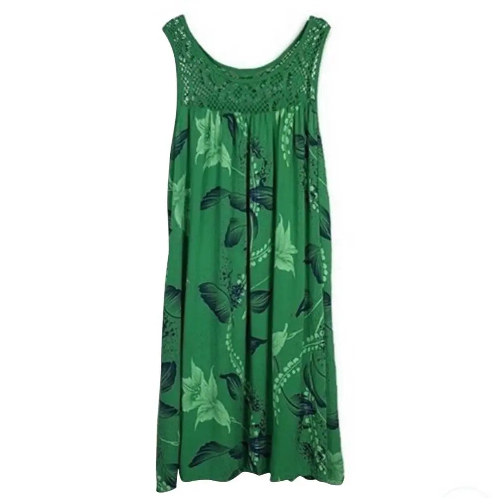 Mini Dress Floral Printed Lace Stitching O-Neck Sleeveless Women Summer Loose Tank Dress