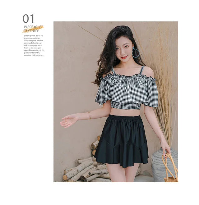 Swimsuit women's new Xia one shoulder camisole swimsuit ins conservative cover belly slimming split skirt swimsuit