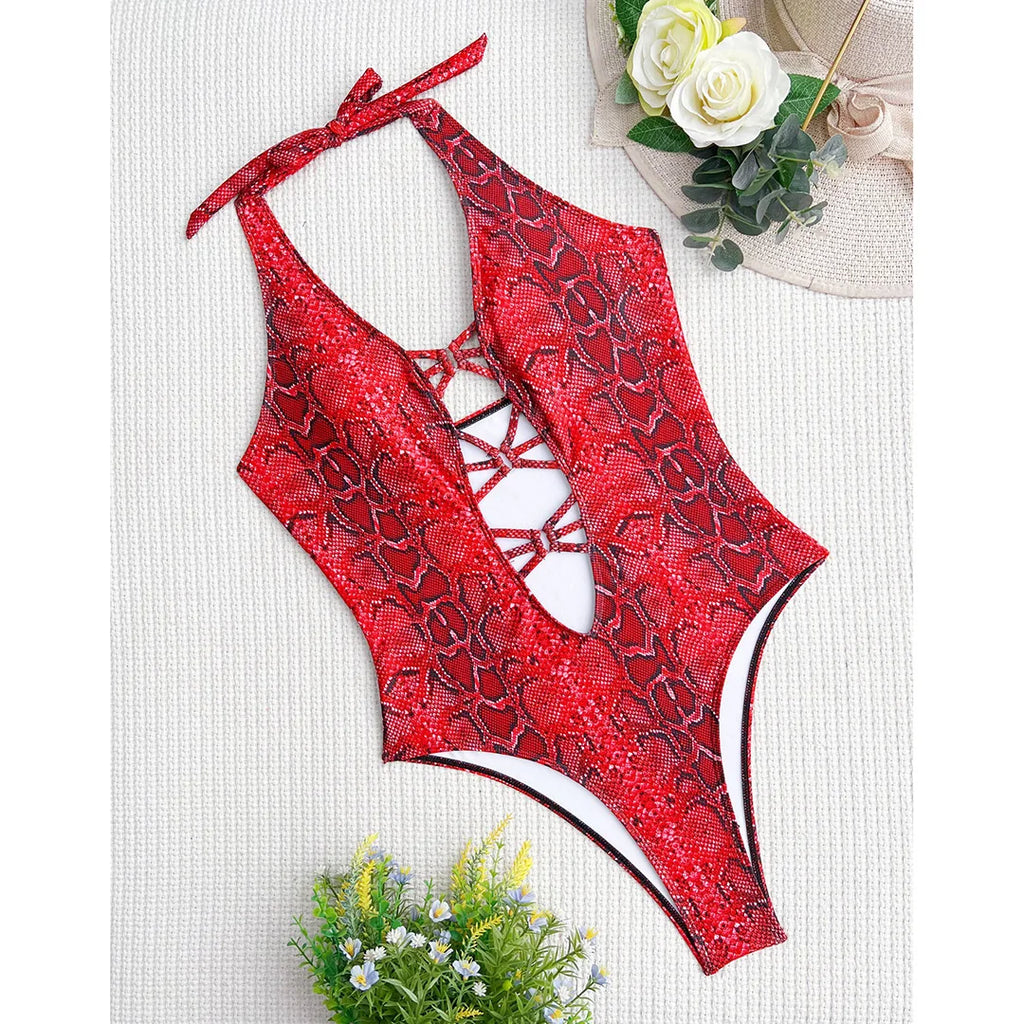 New Sexy Snake Skin Halter Monokini Women Swimwear One Piece Swimsuit Female Tummy Cut Out Bather Bathing Suit Swim Lady V3056