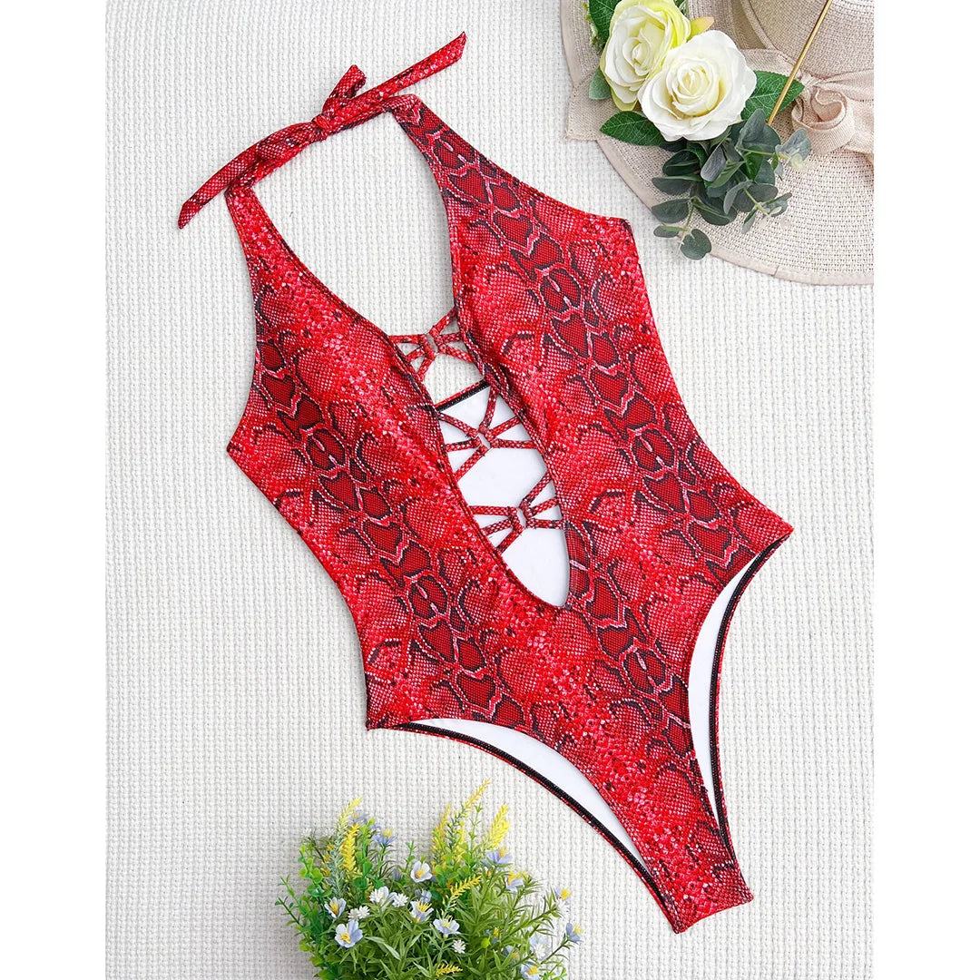 New Sexy Snake Skin Halter Monokini Women Swimwear One Piece Swimsuit Female Tummy Cut Out Bather Bathing Suit Swim Lady V3056