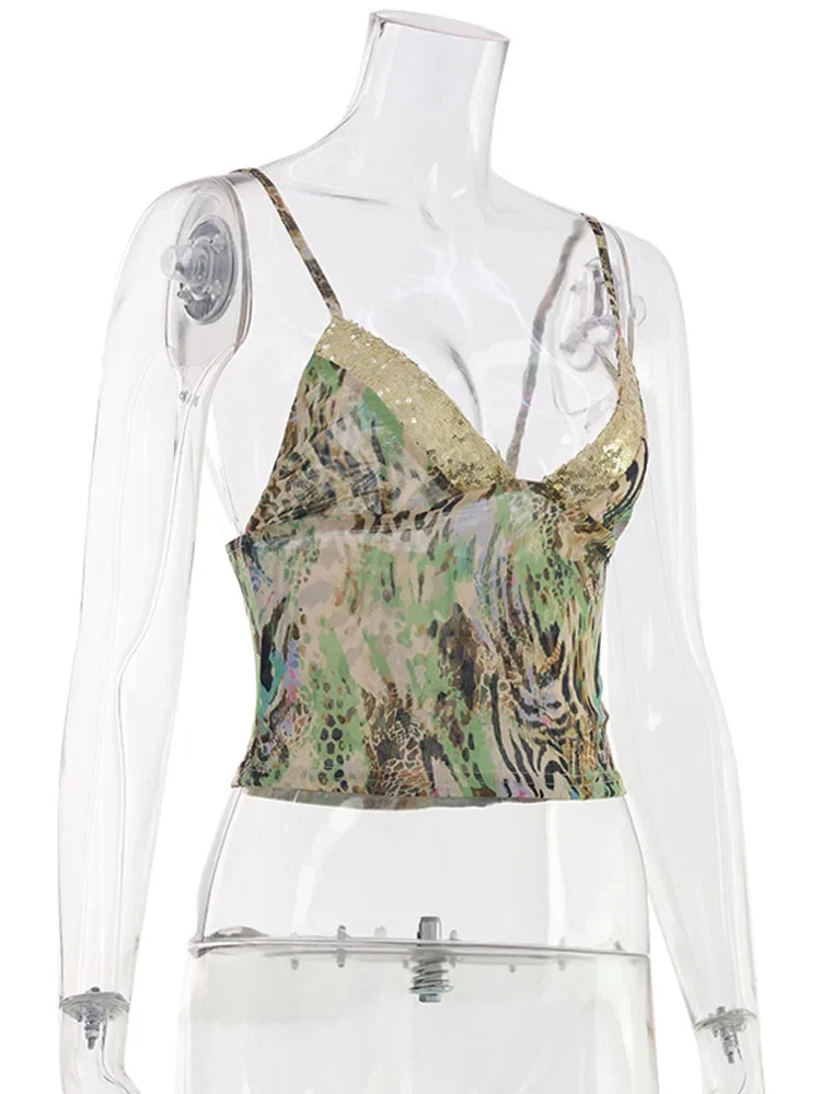 Ahagaga Fashion Sexy Women's Tops Sequin Patchwork Slimming Summer Print Personality Crop Top Short  Beach Sleeveless  Backless