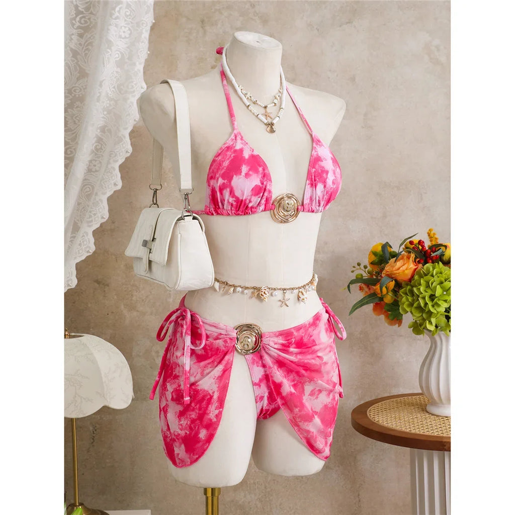 3PCS New With Skirt Tie Dye Halter Bikini Women Swimwear Female Swimsuit Bather Bathing Suit Swim Three-pieces Bikini set K8069