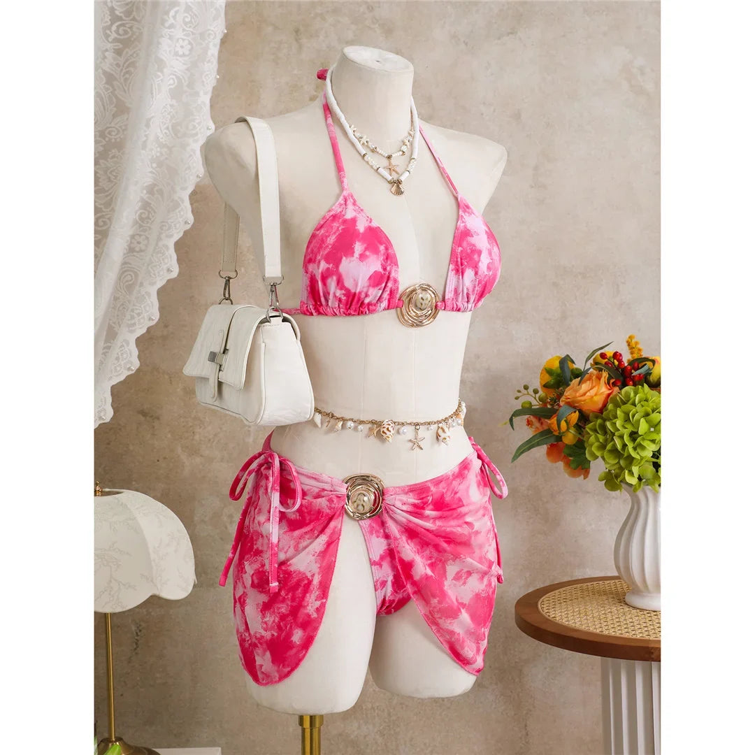 3PCS New With Skirt Tie Dye Halter Bikini Women Swimwear Female Swimsuit Bather Bathing Suit Swim Three-pieces Bikini set K8069