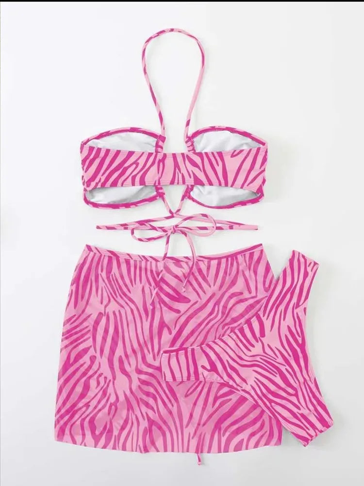 3pack Zebra Stripe Bikini Women Lace Up Swimsuit Beach Skirt 2026 Swimwear Female Padded Bathing Suit Swimming Beachwear Summer
