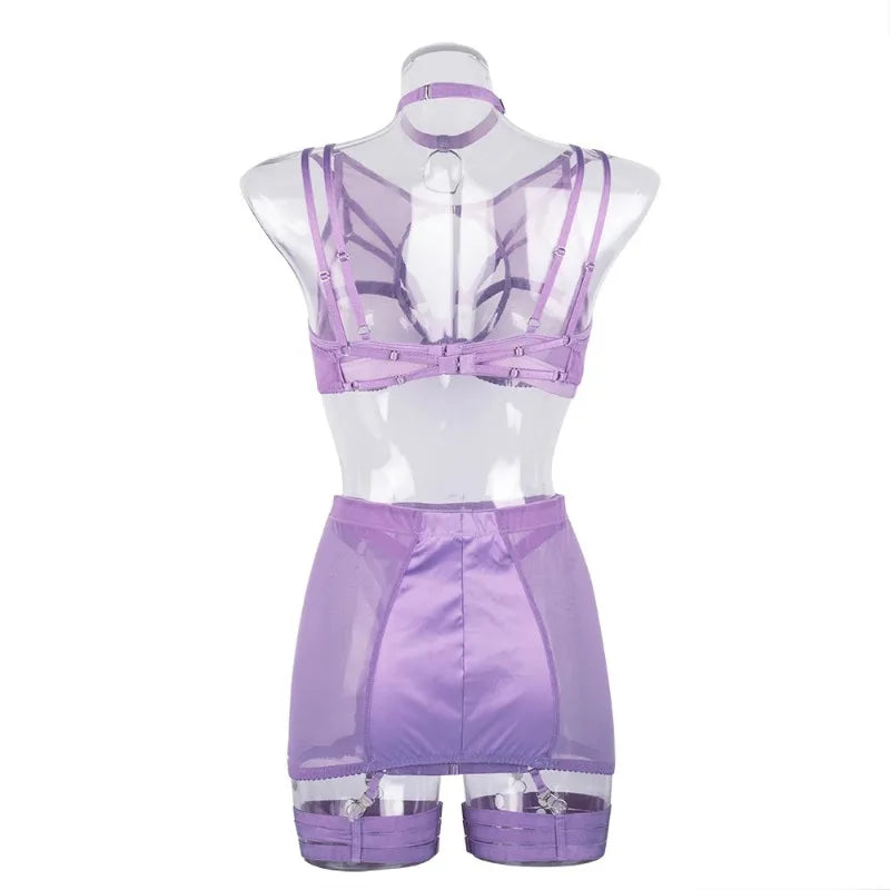 Toucheart 5-Pieces Erotic Lingerie Sexy Hip Skirt For Women Mesh Patchwork Hollow Out See-Through Lure Garters Underwear Suit