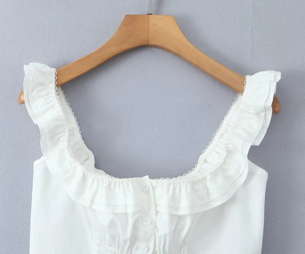Summer Women White Cotton Dress Set 2025 Top+skirt 2 Pcs Outfit Ruffles Button Slim Top A-line Maxi Skirt Beach Casual Dress