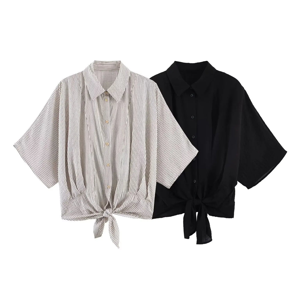 Women's Fashion Short-Sleeve Shirt Black White Striped Front Shirt Short Sleeve Button Up Blouse For Women Casual Wear 884U