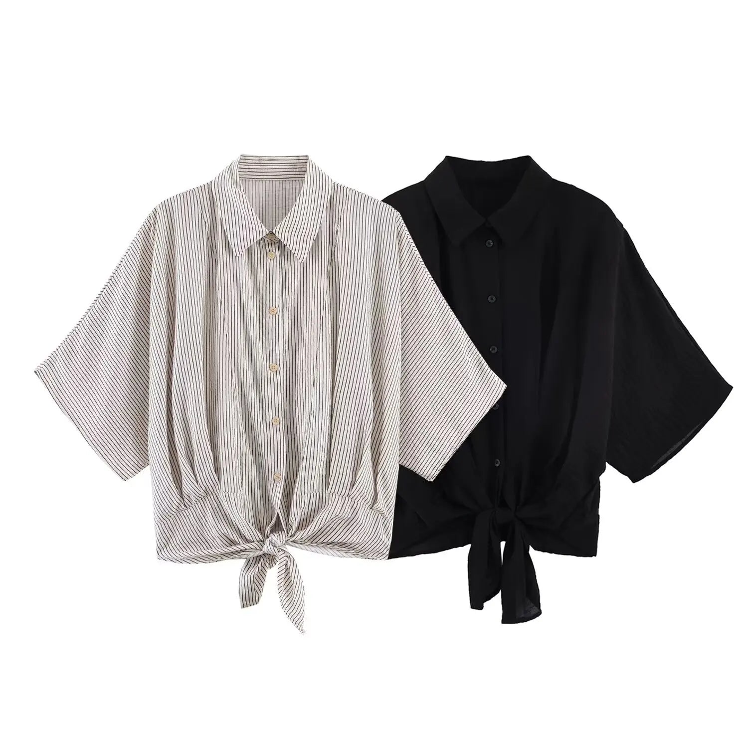 Women's Fashion Short-Sleeve Shirt Black White Striped Front Shirt Short Sleeve Button Up Blouse For Women Casual Wear 884U