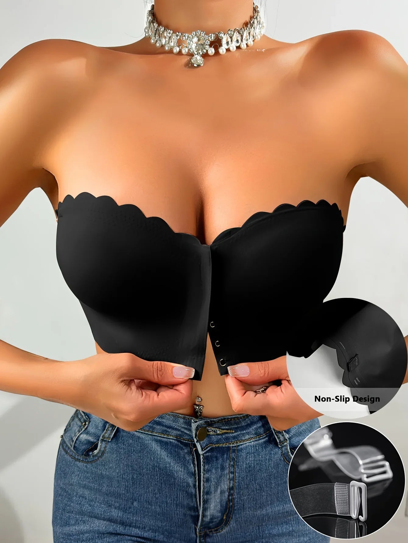 Solid Seamless Strapless Front Closure Wireless Strapless Bra, Sexy Comfy Push Up Bra, Women's Lingerie & Underwear