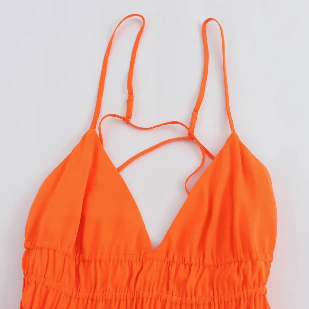 Foridol Orange Backless Tie Up Sexy Summer Women Dress V Neck A-line Beach Slip Dress 2025 Spaghetti Strap Party Midi Vestidos