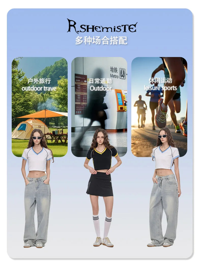 Hot girl top V-neck exposed navel contrasting color splicing clothes women's street short-sleeved T-shirt