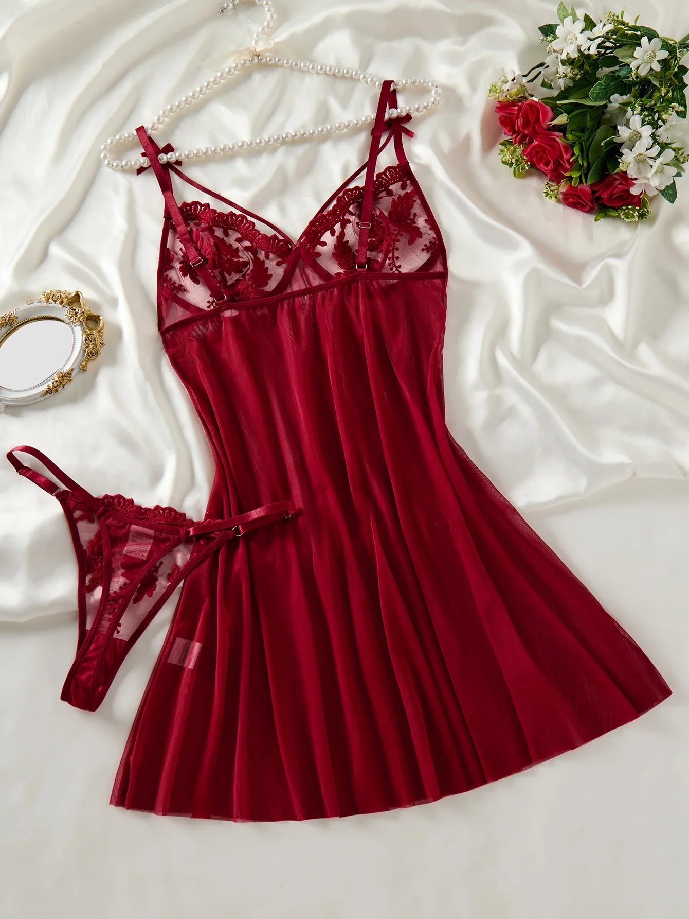 Wine Red Ladies' Countryside Style Wheat Ear Embroidery Semi Transparent Nightgown, Elegant and Comfortable, Bow Design ZA825066