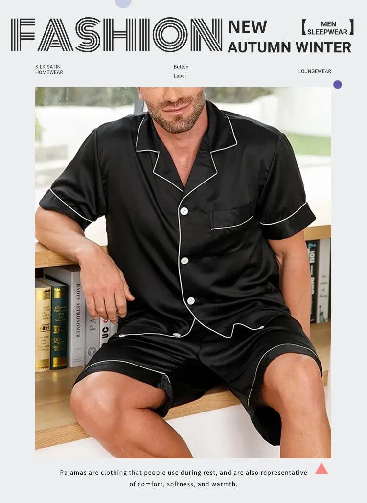 Men Satin Pajama Set Sleepwear for Man Summer Short Sleeve Button-Down Shirt & Shorts Pajamas 2 Piece Home Clothes Short Suit