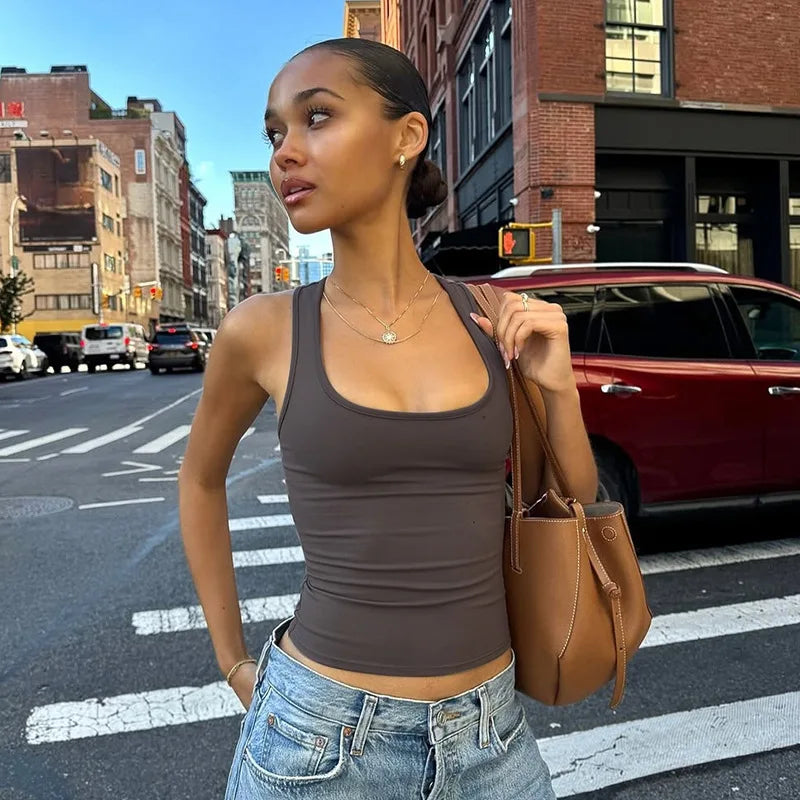 Women's Fashion Solid Tank Tops 2026 Streetwear Sleeveless T-shirt Female Square Collar Skinny Corset Y2K Girls Gray Crop Top