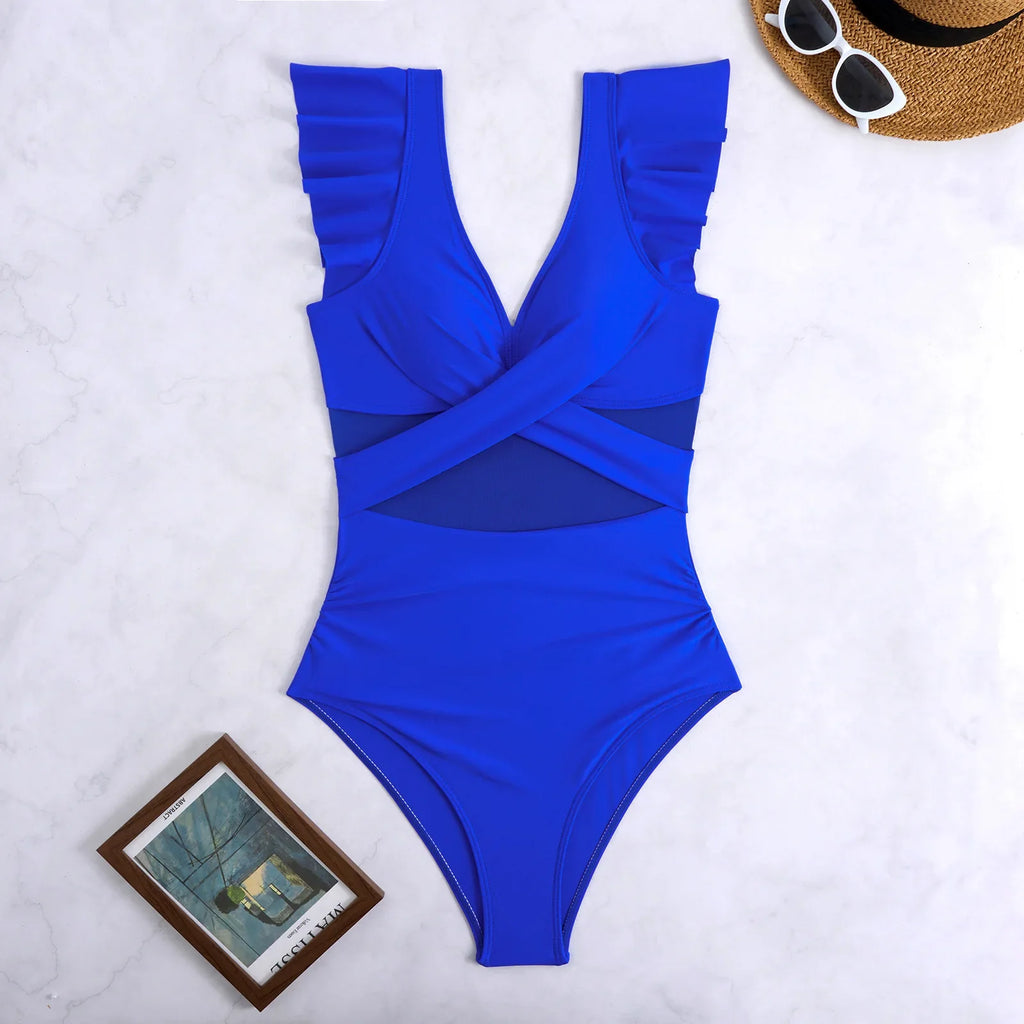 2026 Solid Women's Swimsuit Trend Tummy Control V Neck Sexy Black Bikini Ruched Bathing Suits Slim Fit Ruffle Sleeve Swimwear