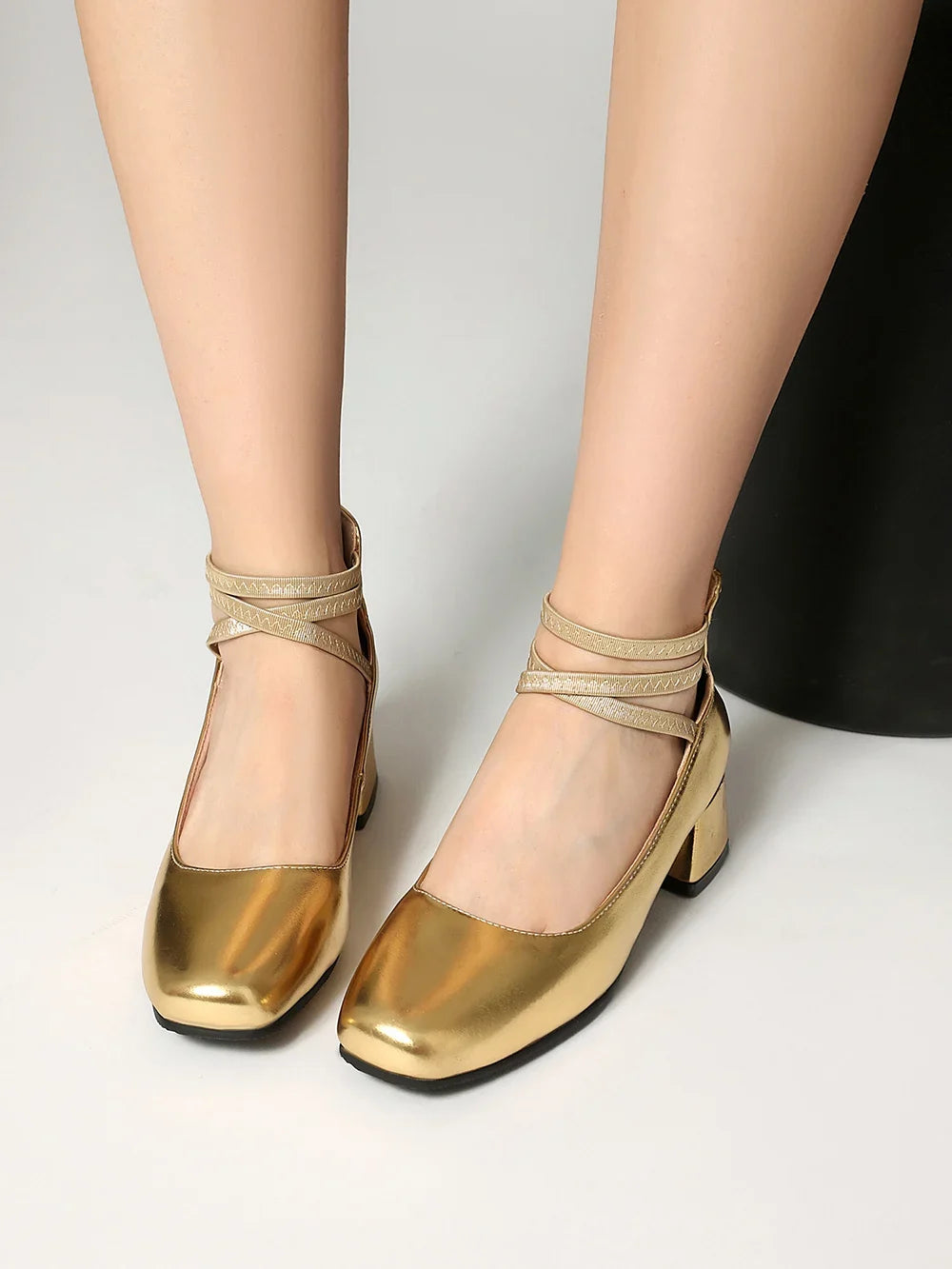 Metallic Silver Gold Women Mary Jane Pumps Square Toe Block Heel Crisscross Ankle Strap Back Zipper Elegant Party Dress Heels