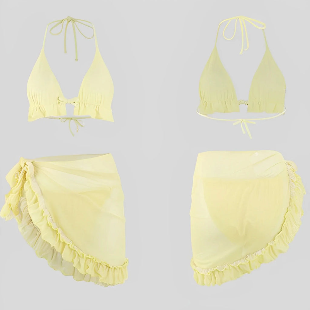 3 Pieces Solid Bikini 2026 Women & Beach Skirt Swimwear Female Halter Swimsuit Beachwear Bathers Bathing Swimming Swim Suit